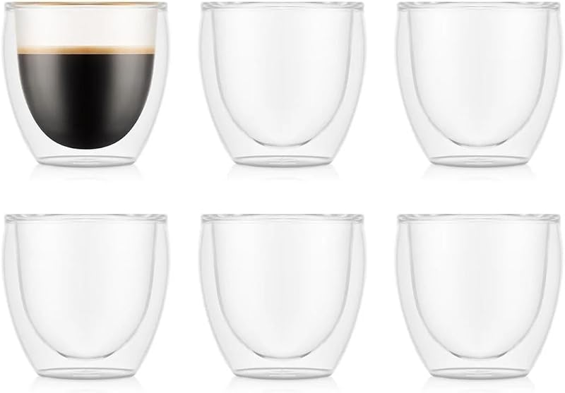 Paquete de 6 vasos de doble pared Bodum PAVINA - Tazas de café espresso de 80 ml - Taza térmica apta para lavavajillas - Vidrio de borosilicato soplado por la boca