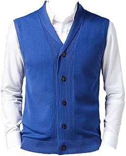 Men's V-Neck Solid Color Vest Cardigan Blue Sleeveless Simple Knitted Vest Casual Single-Breasted Faux Wool Vest Men