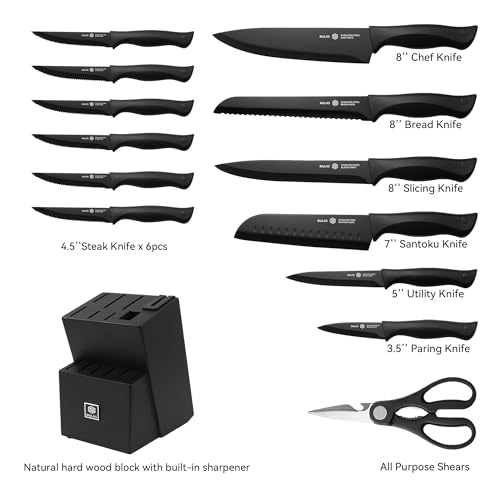 Image of 15-Piece Kitchen Knife Set with Block and Built-In Sharpener, Black