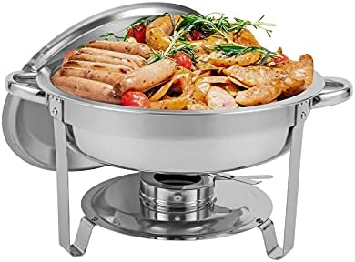 Restlrious Round Chafing Dishes Stainless Steel Chafers and Buffet Warmers Sets w/Water Pan, Food Pan, Fuel Holder and Lid 5 QT 1 Pack