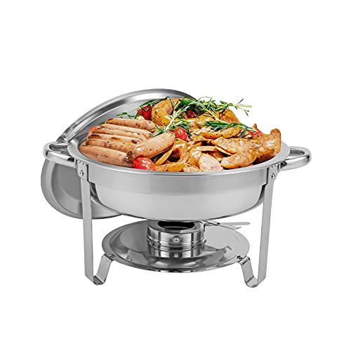 Restlrious Round Chafing Dishes Stainless Steel Chafers And Buffet Warmers Sets W/Water Pan, Food Pan, Fuel Holder And Lid 5 Qt 1 Pack #TOP3