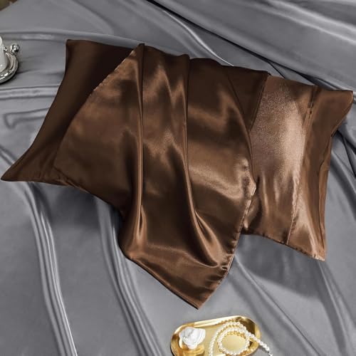 Image of Satin Pillow Cover with Silk Bonnet & 3 Premium Scrunchies - Hair & Skin Care Set for Women - Anti-Frizz Sleeping Combo - Gift Pack (Brown)
