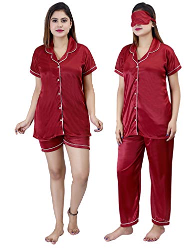 Seema IMPEX Women’s Satin 4 PCS Nightsuit/Nightwear Set (Maroon)