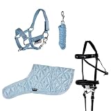 RL24 - Hobby Horse Zubeh&ouml;r Set (6-teilig) &ndash; Halfter mit Strick & Decke in Hellbau &ndash; Trense in Schwarz &ndash; mehrfarbiger Transportbeutel f&uuml;r Stockpferde &ndash; Steckenpferd Zubeh&ouml;r