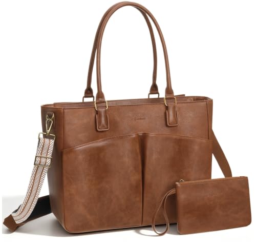 Image of Laptop Tote Bag for Women, Leather Work Tote with Padded Laptop Compartment, Cup Holder, Office Computer Briefcase