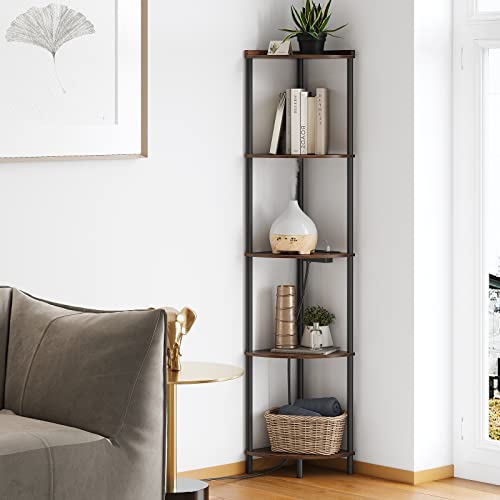 SUNMORY 5 Tier Corner Shelf Stand With 2 USB Ports & 2 Power Outlet,65\" Tall Corner Shelves Display Rack for Living Room Decor,Wall Corner Bookshelf Organizer,Plant Stand Shelf for Bedroom,Small Space