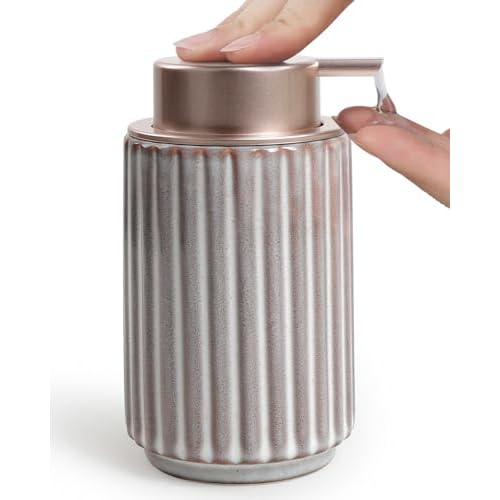 Soap Dispenser, Liquid Ceramic Refillable Hand Soap Pump for Bathroom Kitchen, 10.5OZ Brown Lotion Dispenser Dish Soap Dispenser, Modern Stripe Design, ANTIS'S HOME Brown Liquid