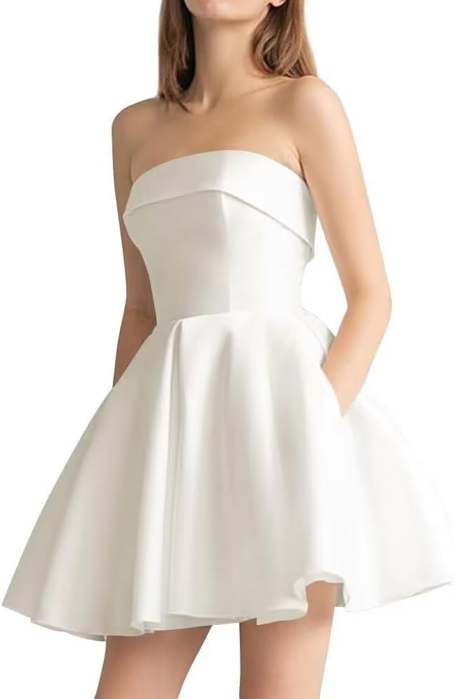 Satin Straps Homecoming Dresses with Pockets Strapless Short Prom Dresses Pleated A-Line Formal Cocktail Dress