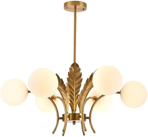 BOKT Mid Century Milk Glass Chandelier Gold G9 Ceiling Chandelier Light Industrial Metal Adjustable Pendant Lighting Farmhouse Large Globe Flush Mount Light Fixture for Dining Room Kitchen Indoor