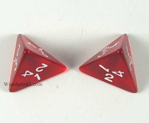 Wondertrail WKP02403E4 Red Transparent Dice with White Numbers D4 16mm (5/8in) Pack of 4 Dice Koplow Games