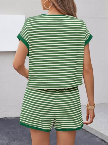 Image of Tankaneo Womens Summer 2 Piece Sets Striped Short Sleeve T Shirts and Shorts Loungewear Matching Set