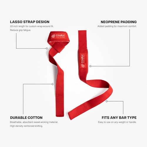 Image of GYMRAT Weight Lifting Straps with Padded Neoprene for Deadlifts, Strength Training, Gym Workouts - 22 inch Cotton Straps for Men & Women | Premium Fitness Gear (DEADLIFT STRAPS, RED)