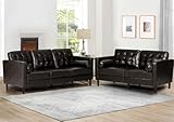 Nansiee 2 Pieces Faux Leather Couch Set, Upholstered 3 Seat & Loveseat Sofa with Bolster Pillows, Mid Century Modern Couch Set with Wooden Legs for Living Room, Bedroom, Office. Dark Brown