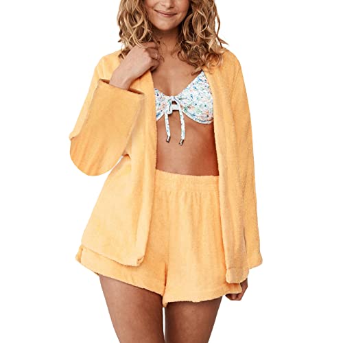 Conjunto de pijama de forro polar para mujer, conjunto de tops y pantalones cortos con cierre de cinturón, ropa de descanso, ropa de noche, pijamas de forro polar, color amarillo, amarillo, L Cover