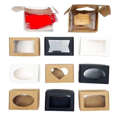 Bakkersdoosjes met kijkvenster, 20 stuks, kraftpapier, vensterdozen in wit en zwart, voor koekjes, bakproducten, sieraden, ovale rechthoekige uitsparingen, kleine gastgeschenken (zwart, rechthoekig)