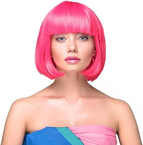 KarneLux Perücke Bob mit Pony - Kurzhaarperücke für Fasching, Karneval und Motto Partys - Damen Charleston Perücke im 20er Jahre Look (Pink)