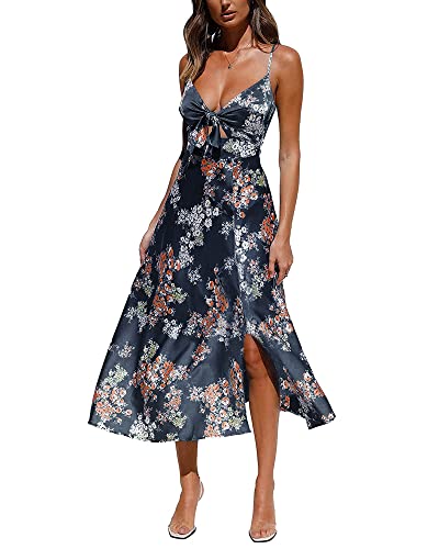 Image of Fashionme Women Spaghetti Strap Midi Satin Dresses Tie Front Backless Slit Cutout Dress Semi-Formal /Casual Flowy Lightweight