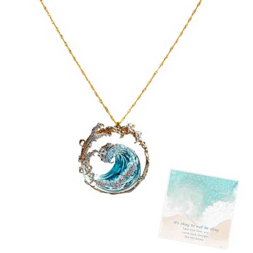 Ensemble de bijoux Ocean Oath, argent S925 plaqué or 14 carats, zircone, bague, pendentif, collier, boucles d'oreilles, ensemble de bijoux vagues de la mer bleue, cadeau de bijoux (Collier)