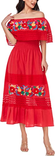 Image of YZXDORWJ Women Embroidered Mexican Peasant Casual Sexy Lace Off-Shoulder Long Dress