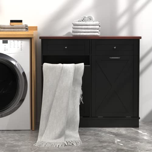 Double Tilt Out Trash Can Cabinet,Farmhouse Style Kitchen Trash Cabinet with Barn Door, Solid Wood Tabletop, Pet Proof Trash Can Odor Blocking, Wood Laundry Cabine Keep Clean