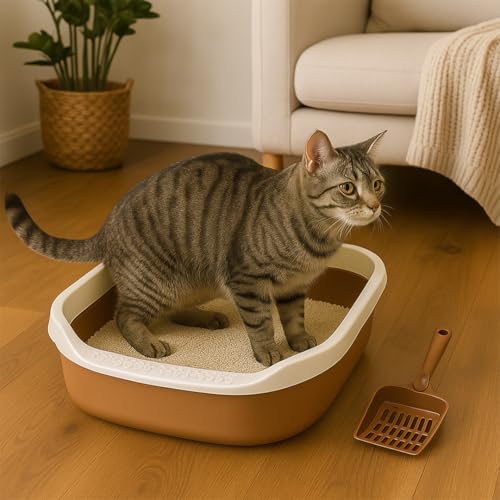 Image of PETS EMPIRE Cat Litter Box Tray with Free Scooper - Semi-Closed Design, Durable Quality, Suitable for All Adult Cats & Kittens, Brown