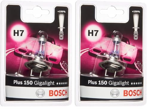 Bosch H7 Plus 150 Gigalight, Lampadina Alogena para Faros Delanteros 12 V 55 W, 150% Más Luz - Casquillo Tipo PX26d - Recambio de Luces para Coche, Paquete de 2 Lámpara