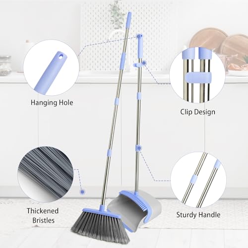 Image of Broom and Dustpan Combo Set, Long Handle and Standing Dust Pan with Comb Teeth, Efficient Floor Cleaning for Kitchen, Outdoor, Dorm, Apartment, Office Lobby (Gray Blue)