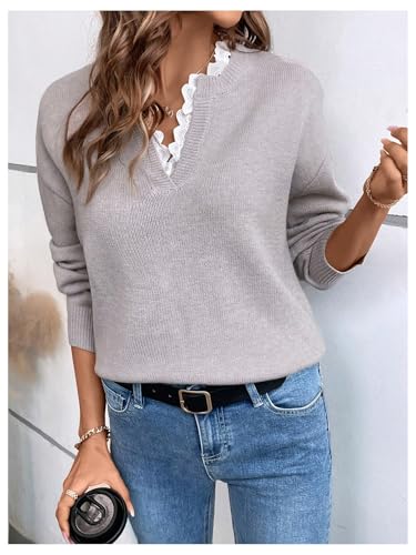 SOLY HUX Women's Long Sleeve Sweater Lace Trim Notched V Neck Knit Pullover Tops Casual Trendy Sweaters4
