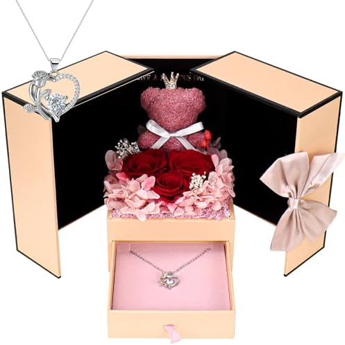 Cute Preserved Real Roses Bear Gift Box for Girlfriend,Eternal Ro...