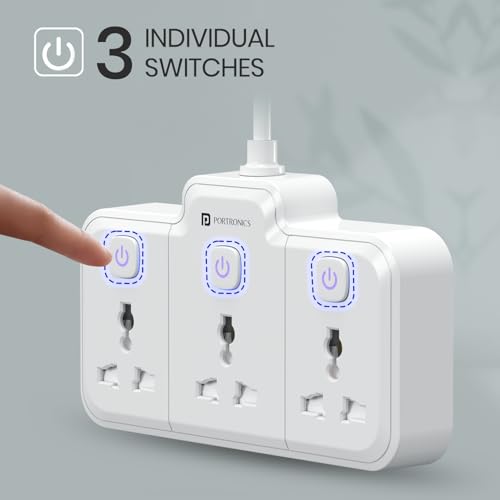 Image of Portronics 2500W Power Plate Nano 3-in-1 Power Extender with 3 Universal Sockets, Individual Switches, 180 Flexible Cord, Child Safety Shutters, for Home, Office, Laptops, Mobiles & Appliances