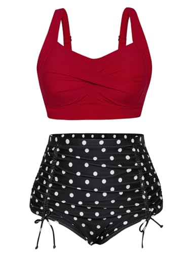 Hanna Nikole Summer Swimsuits for Women Lightweight Plus Size Push up Bikini Underwire Red and Polka Dots 14 Plus