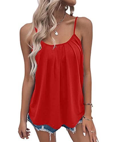 Kaxindeb Women's Casual Spaghetti Strap Tank Tops Pleated Scoop Neck Loose Fit Plain Camisole Shirts Blouses Red #TOP7