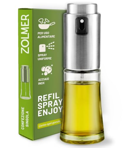 ZOLMER® Spruzzatore olio per cucina – spray per friggitrice ad aria calda, cucina e barbecue – flacone spray olio in vetro e acciaio inox – senza BPA, ricaricabile, finemente spruzzato