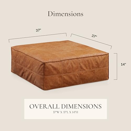 Image of POLY & BARK Taos Ottoman - 37 inch Square Pouf with Feather-Down Topper - Full-Grain Leather Upholstered Pouf Ottoman for Living Room - Vintage Italian Leather in Cognac Tan