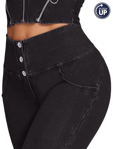SEASUM Womens High Waist Butt Lifting Stretch Jeans 3 Button Push Up Curvy High Rise Leggings2