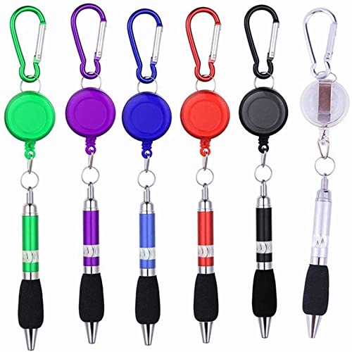 SevenMye 6 bolígrafos con clip, mosquetón, retráctiles, carrete de insignia, clip para cinturón y mosquetón llavero, bolígrafo, 6 colores