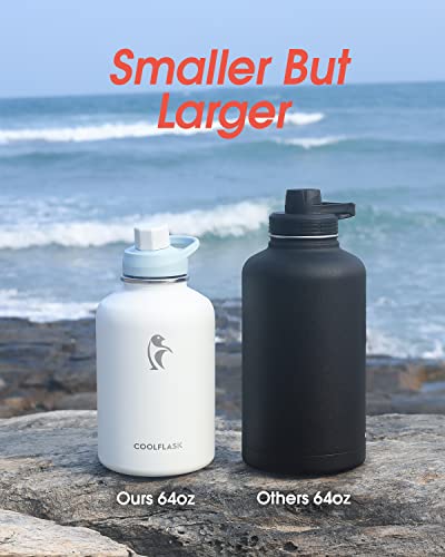 Coolflask 64 Oz Water Bottle Insulated With Pu Leather Sleeve, Half Gallon Water Bottle Color Contrast With Straw Lids, Stainless Steel Metal Large Water Jug, Keep Cold 48H Hot 24H,Glacier White #TOP1