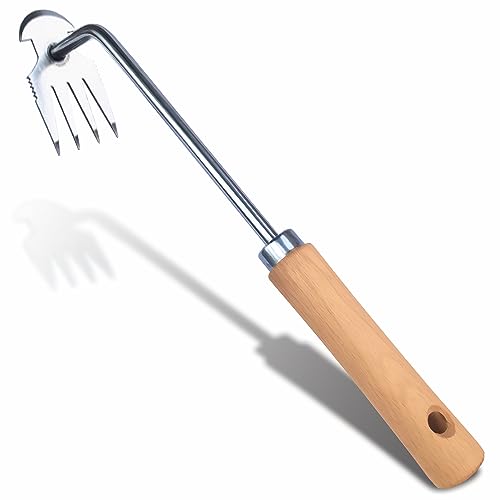 SHANFEEK Weed Puller With 4-Claw Weeding Artifact Uprooting Weeding Tool Gardening Hand Tools Garden Rake Weed Remover Tool Stainless Steel With Hard Solid Wood Handle(Gold)