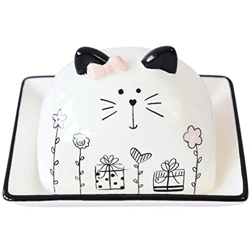 UPKOCH Ceramic Butter Box Cat Design French Butter Dish for Countertop Kitchen Storage for Counter