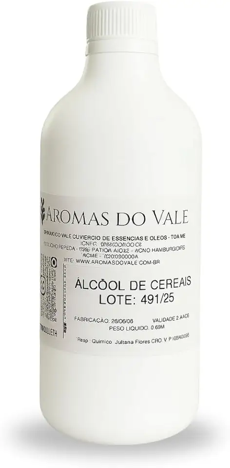 Álcool de Cereais 96%, 500ml, faça Aromatizadores e Home Spray, Cosméticos, Lareiras Ecológicas, Extratos e Mais. Puro, Transparente | Aromas do Vale