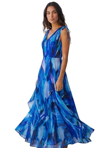 Image of Roman Originals Sleeveless Abstract Print Maxi Dress for Women UK - Ladies Everyday Holiday Spring Summer V Neckline Comfy Soft Evening Vacation Work Party - Blue - Size 20