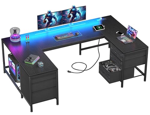 DurayLoly 67 U Shaped Gaming Desk with Power Outlets for Bedroom Black