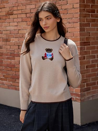 Image of CIDER Women's Fall Sweaters Long Sleeve Cute Sweaters Bear Graphic Crewneck Soft Knit Casual Cropped Pullover