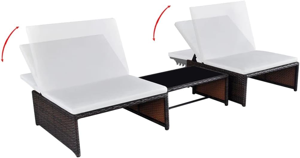 Reclining Garden Chairs Set 3 Piece 23.6"x23.6"x9.8" Brown PE Rattan Outdoor Lounge Chair with Adjustable Backrest & Coffee Table for Patio, Poolside, Terrace