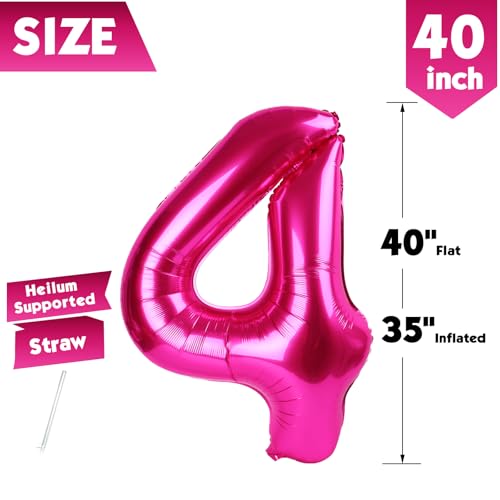 Image of 40 Inch Hot Pink Number 4 Balloon, 4th Birthday Party Decorations | 40 Inch Hot Pink inflatable foil number balloons, large birthday decorations for 4th birthday