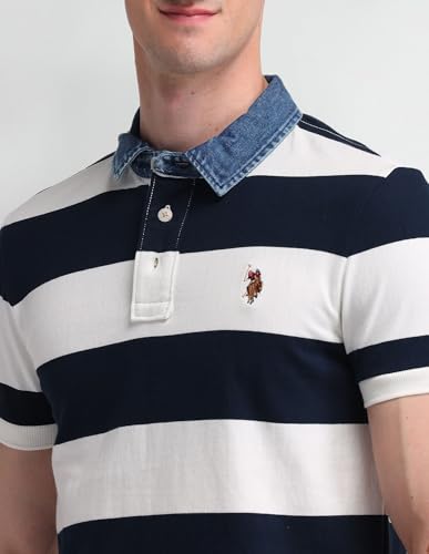 Image of U.S. Polo Assn. Denim Co. Men's Blue Striped Polo Collar Half Sleeve Casual Cotton Slim Fit T-Shirts