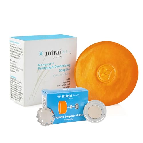 Mirai Clinical Persimmon Soap Bar with Magnetic Soap Holder - Nonenal Body Odor Eliminator for Women and Men Personal care Solution with Easy to Install Magnetic Bar Soap Holder for Shower Wall