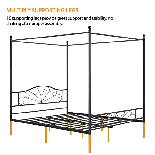 Yaheetech Metal Canopy Bed Frame Four-Poster Canopied Platform Bed With Graceful Scroll Arched Headboard And Footboard Mattress Foundation No Box Spring Needed Queen Size #TOP3