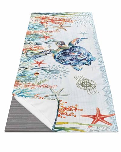 BOSIJOY Yoga Mat Towel,Summer Ocean Turtle Coral Starfish Non Slip Sweat Absorbent Hot Yoga Towels with Corner Pockets,Undersea World Seaweed Soft Microfiber Towel for Pilates Bikram 70
