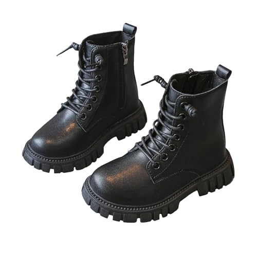 Girls Ankle Boots Lace Up Leather Combat Riding Boots Side Zipper Punk Goth Lug Sole Non Slip Cowgirl Booties 4-13 Years